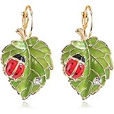 Bohemian Green Leaf Bug Ladybird Earrings for Women Lightweight Cute Insect Ladybug Leverback Earrings