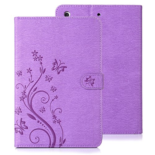 For iPad Mini 4 Case,Premium Magnetic PU Leather Samrt Flip Case,Silicone Back Cover [Butterfly Flower Pattern] Stand Wallet Card Slots Case for iPad Mini 4 – Purple