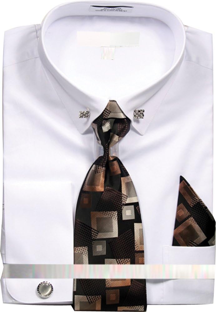 Men's Solid Dress Shirt with Collar Bar and Tie Handkerchief Cufflinks