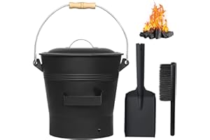 AOREWTGGH Ash Bucket with Lid, Shovel and Hand Broom, 2.6 Gallon Fireplace Metal Bucket Reinforced Base & Ash Can, Fire Pit,Wood Burning Stove for Fireplace, (Ash Bucket-2.6Gallon)