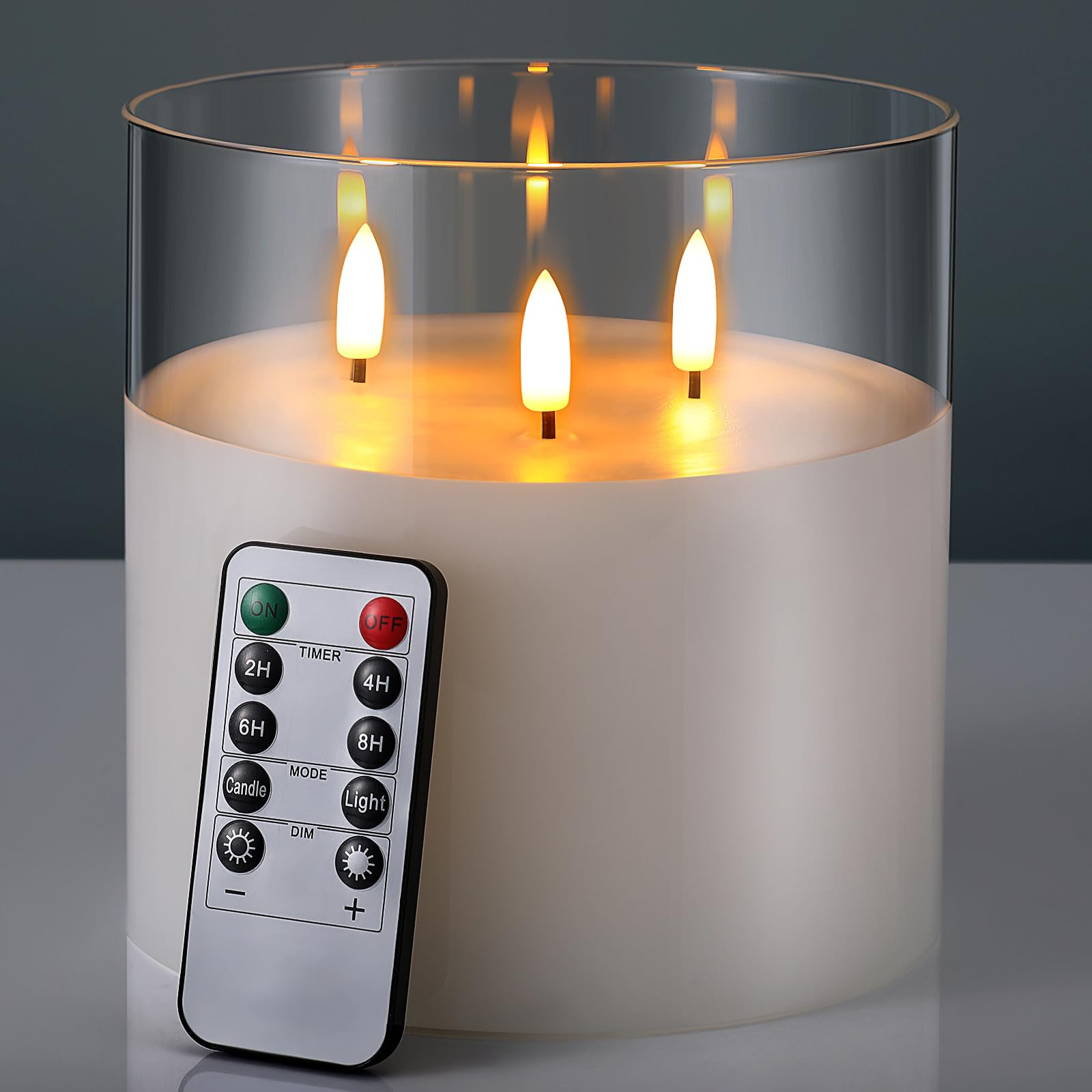 Photo 1 of Retisee 6'' x 6'' Extra Large Flameless Candles, 3 Wick Glass Large Battery Operated Candles with Remote Control and Timer Function, Real Wax LED Pillar Decor Flickering for Home Party Decor