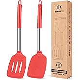 Pack of 2 Silicone Solid Turner, Non Stick Slotted Kitchen Spatulas, High Heat Resistant BPA Free Cooking Utensils, Ideal Cookware for Fish, Eggs, Pancakes(Red)