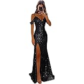 Monvelli Off Shoulder Sequin Prom Dress Long Ball Gown 2026 Sparkly Mermaid Backless Formal Evening Dress with Slit