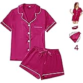 4Pcs Womens Satin Silky Pajama Sets Short Sleeve Shirt XS-4XL Floral Pajamas Set Soft PJ Loungewear Sleepwear