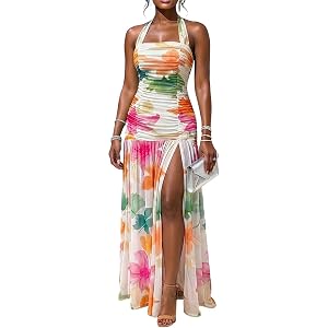 CHICME Women's Summer Halter Maxi Dresses Elegant Backless Dress | Ruched Elegant Party Dress Slit Mermaid Hem Vacation Dress