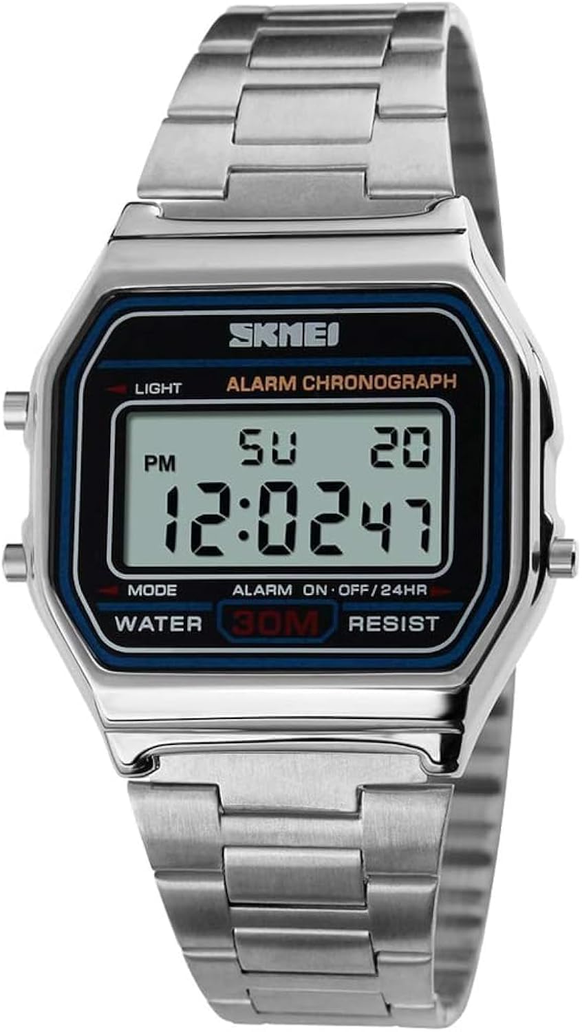 Photo 1 of Men's Digital Watch Stainless Steel Band Water Resistant Electronic Square LED Back Light Classic Wristwatch Silver