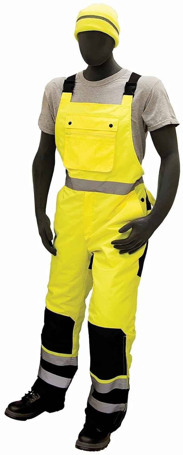 black and yellow bib overalls