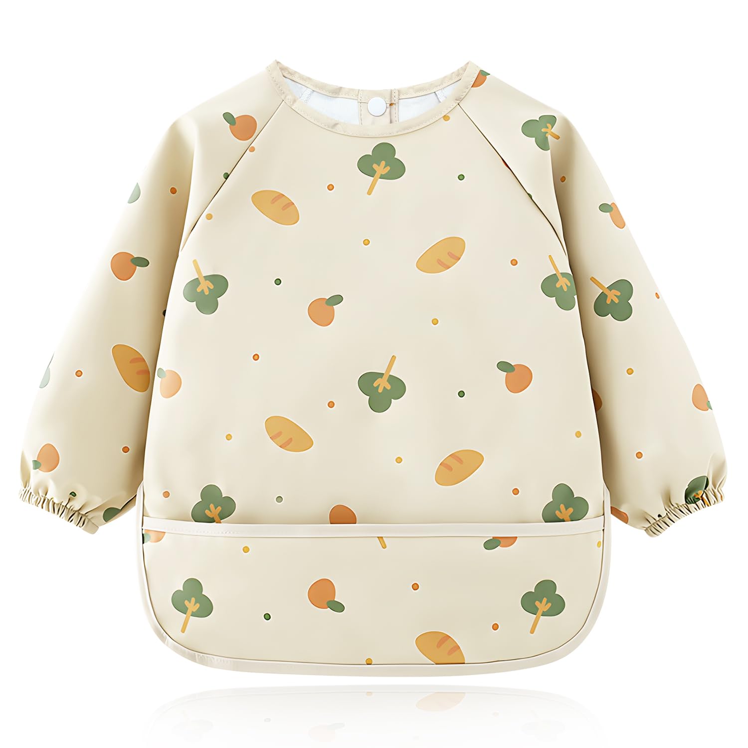 GIKPAX Weaning Bib, Soft and Skin-Friendly Baby Bibs 6-12 Months Waterproof Baby Weaning Bib PU Baby Bibs with Sleeves Washable Coverall Bibs for Baby and Toddlers Feeding (Beige)