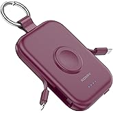 RORRY Portable Charger, 5000mAh Portable Charger Power Bank with Built-in Cables, Travel Keychain Battery Pack for Apple Watch Ultra/11/10/9/8/7/6/SE, iPhone Air/17/16/15/14/13/12, Burgundy