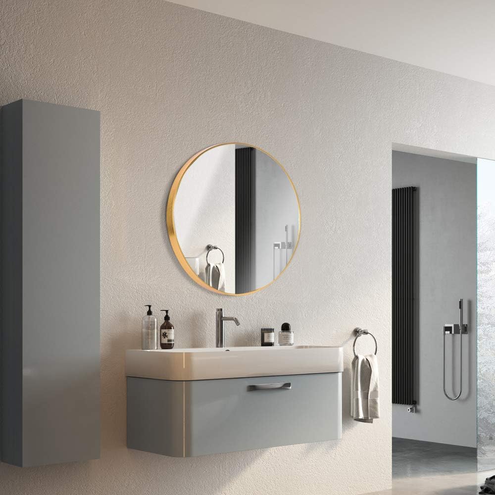 ZHUNFA Wall-Mounted Round Mirror, 19.7 Inch Gold Circle Mirror with Metal Frame for Bathroom, Living Room, Bedroom (Brushed Gold): Furniture & Decor