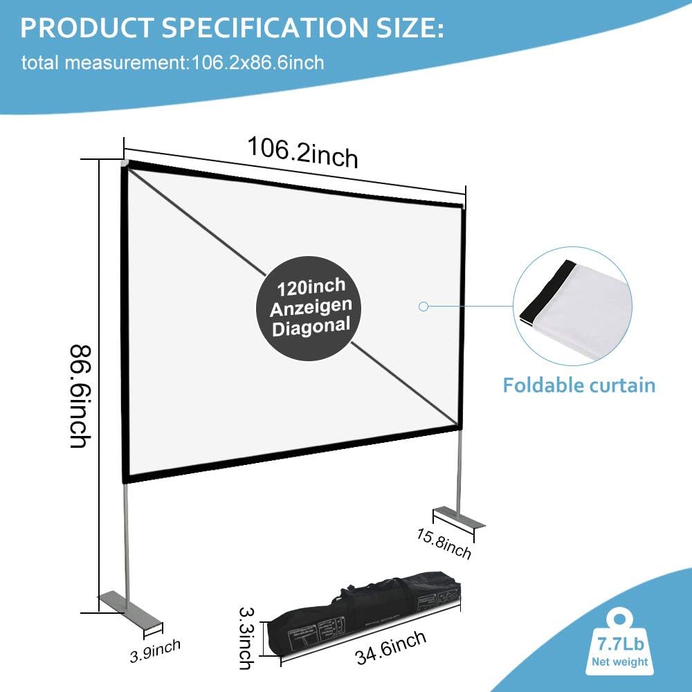 Projector Screen with Stand 120 inch 16:9 HD 4K Outdoor Indoor Projection Screen for Home Theater 3D Fast-Folding Projector Screen with Stand Legs and Carry Bag Projection Movie Wrinkle-Free…: Electronics