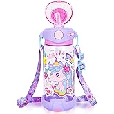 YOYTOO Kids Water Bottle with Straw/Lanyard for School Kids Girls Boys, 22oz BPA Free Child Drinking Water Bottle One-Click-Open Leak-Proof Locking Flip Lid for School Sport Travel