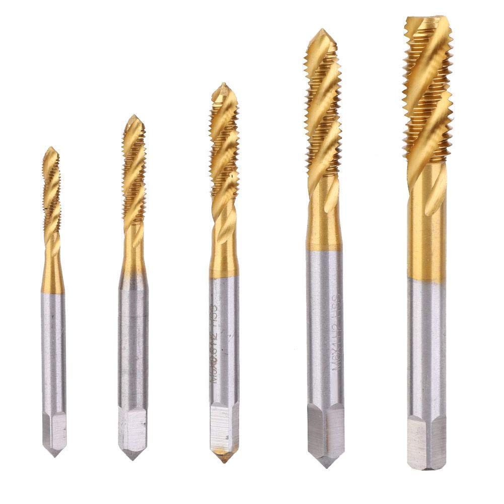Metric Thread Tap Set, M3 M4 M5 M6 M8 5pcs HSS Spiral Flute Tap Drill Bit Machine Tapping Tool for Wood, Plastic, Metal