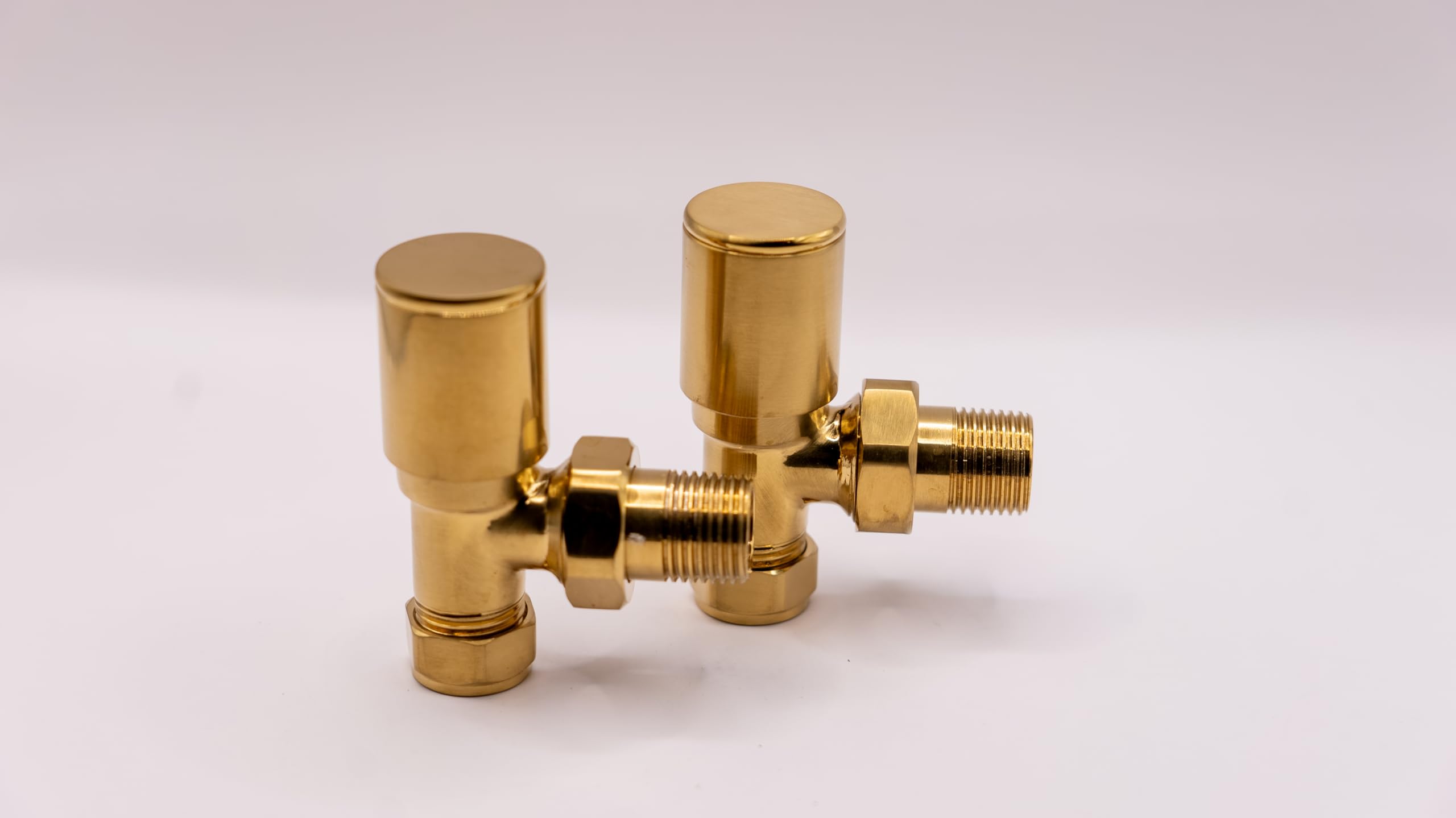 Round Brushed Gold Valve Set - Heated Towel Rail/Radiator Block Valves (Twin Pack) with Round Metal Handles Brush Brass (Brushed Brass Angle Valve Set)