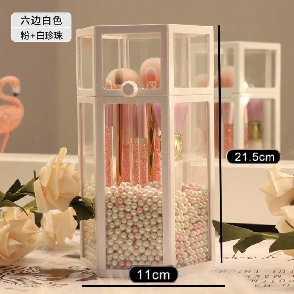 SINGMING Makeup brush storage barrel, dust-proof transparent glass beauty brush tube, desktop dresser brush with eyebrow pencil storage box-【White side】 Hexagon brush bucket
