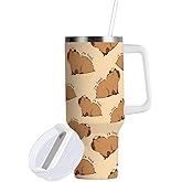 JIPONI 40 oz Tumbler with Handle & Straw, Capybara Cute Water Bottle, Stainless Steel Vacuum Insulated Travel Mug, BPA-Free, Travel Bottle fit in Car Cup Holder