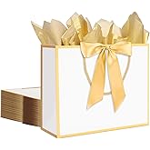 12 pcs White Gift Bags with Handles 12.6x4.5x10 Inches Large Paper Bags with Bow Ribbon and Tissue Paper Gift Wrap Bags for Birthday Bridesmaid Party Wedding Baby Shower Valentines, White-Gold