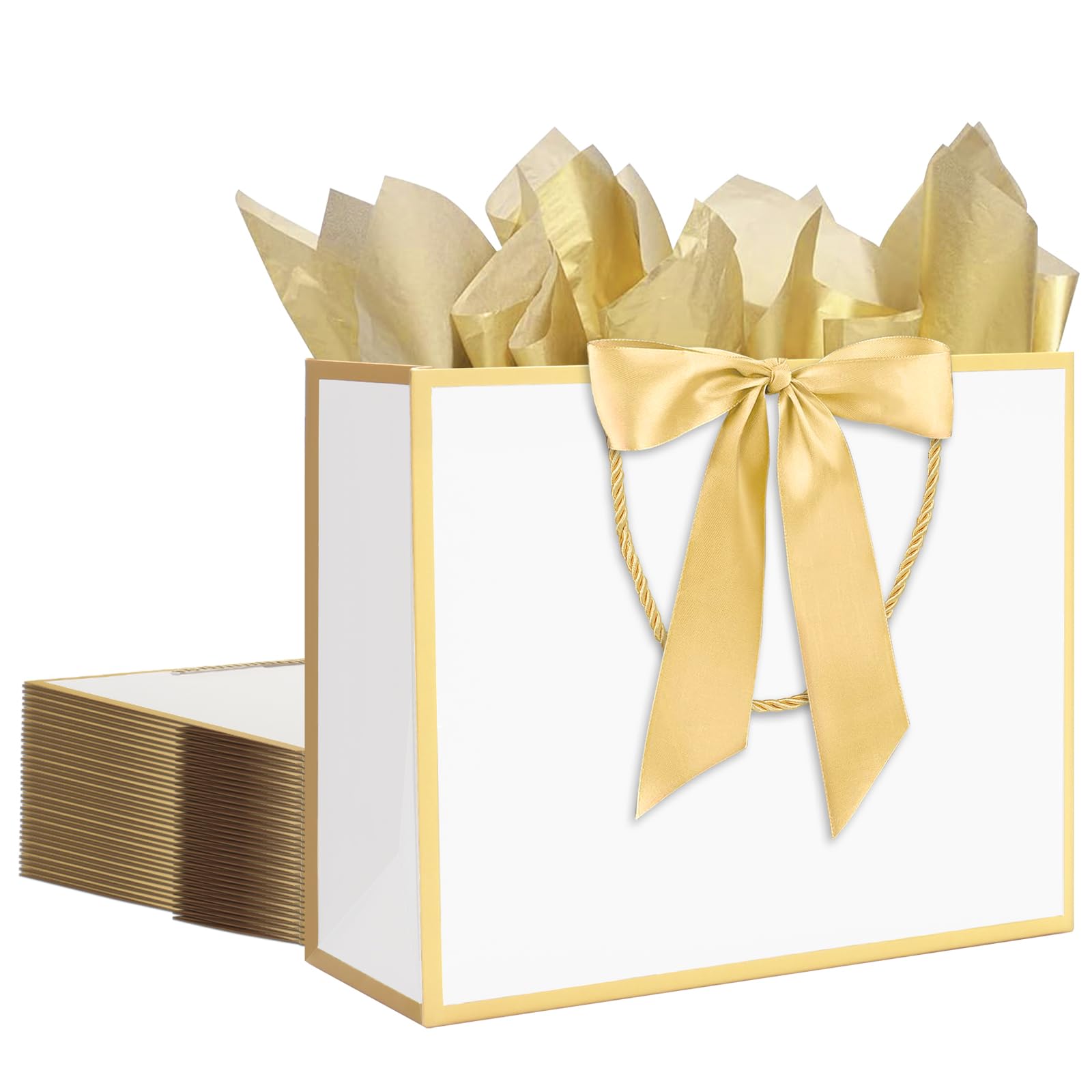 Photo 1 of 12 pcs White Gift Bags with Handles 12.6x4.5x10 Inches Large Paper Bags with Bow Ribbon and Tissue Paper Gift Wrap Bags for Birthday Bridesmaid Party Wedding Baby Shower Valentines, White-Gold
