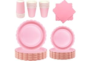 PYAILI 96 Pcs Light Pink Party Tableware Set, Paper Plates Cups Napkins, Dinnerware Set for Kids Adult Birthday,Wedding,Baby 