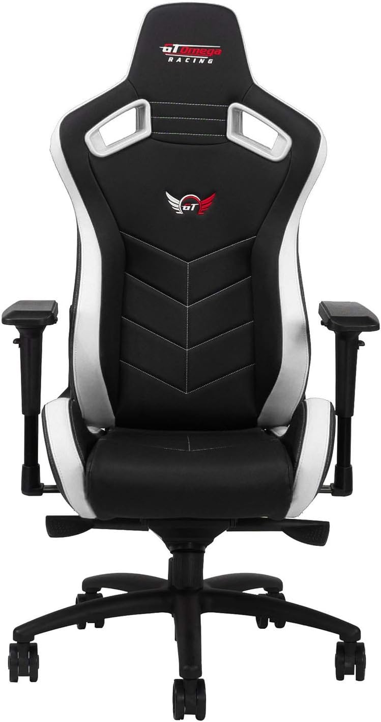 GT OMEGA Sport Racing Gaming Chair with Ergonomic Lumbar Support - Reclining High Back Home Office Desk Chair with Swivel, PVC Leather Esport Seat for Racing Console Experience - Black Next White