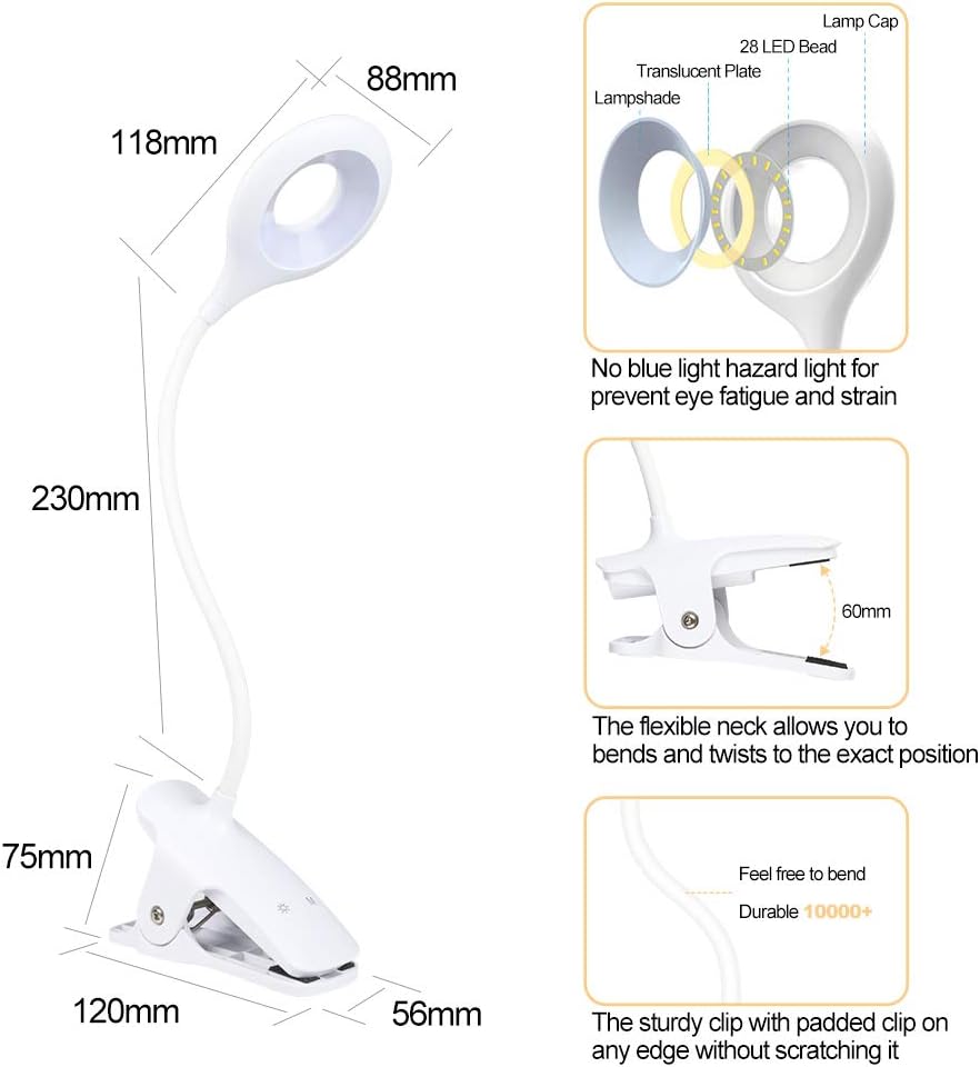 LVJING 28 LED Reading Light, 9 Different Settings Eye Protect Book Light, USB Rechargeable Reading Lamp, Touch Control Clip Desk Lamp, Flexible 360° Clip Light for Home Book Bed and Computer: Home Improvement