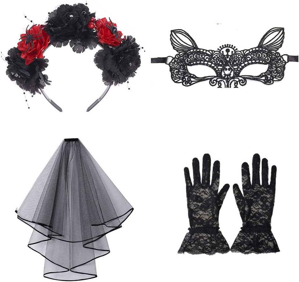 Lifreer Day of the Dead Halloween Costume Set include Headband, Black Veil, Lace Mask