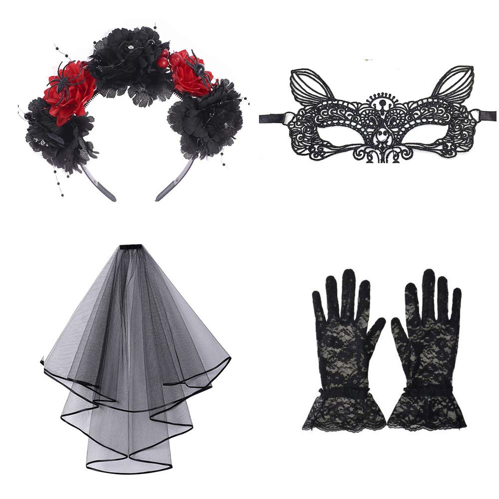 Lifreer Day of the Dead Halloween Costume Set include Headband, Black Veil, Lace Mask, Short Lace Gloves for Halloween Costume Accessory