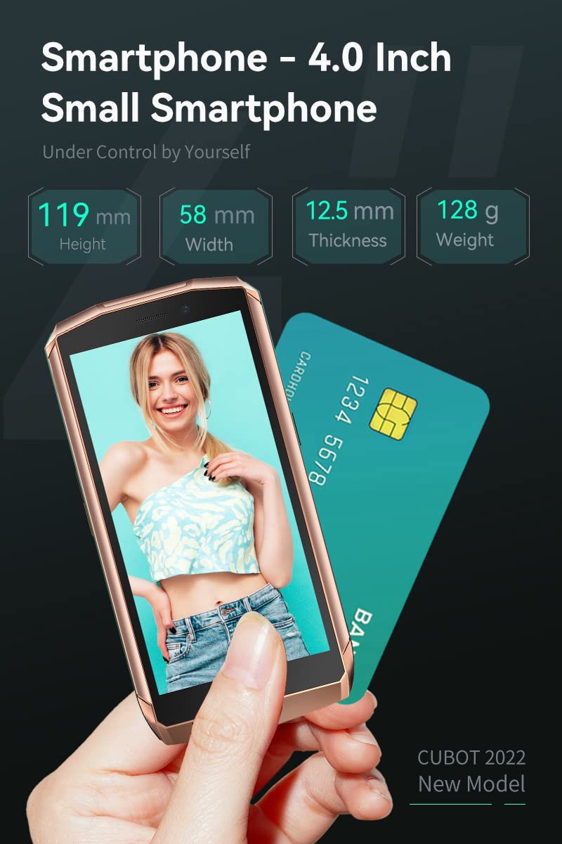 CUBOT Pocket 4.0 inch Mobile Phone, 4G Smartphone SIM Free Phones Unlocked, Android 11 Small Phone,16MP Camera,3000mAh,4GB+64GB/128GB Extension,Face ID/NFC/GPS (Green+Gold)