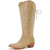 Uillnoodu Wide Calf Cowboy Boots Women Adjustable Lace Up Knee High Tall Plus Size Cowgirl Boots Western Style Comfortable 2-Inch Heel