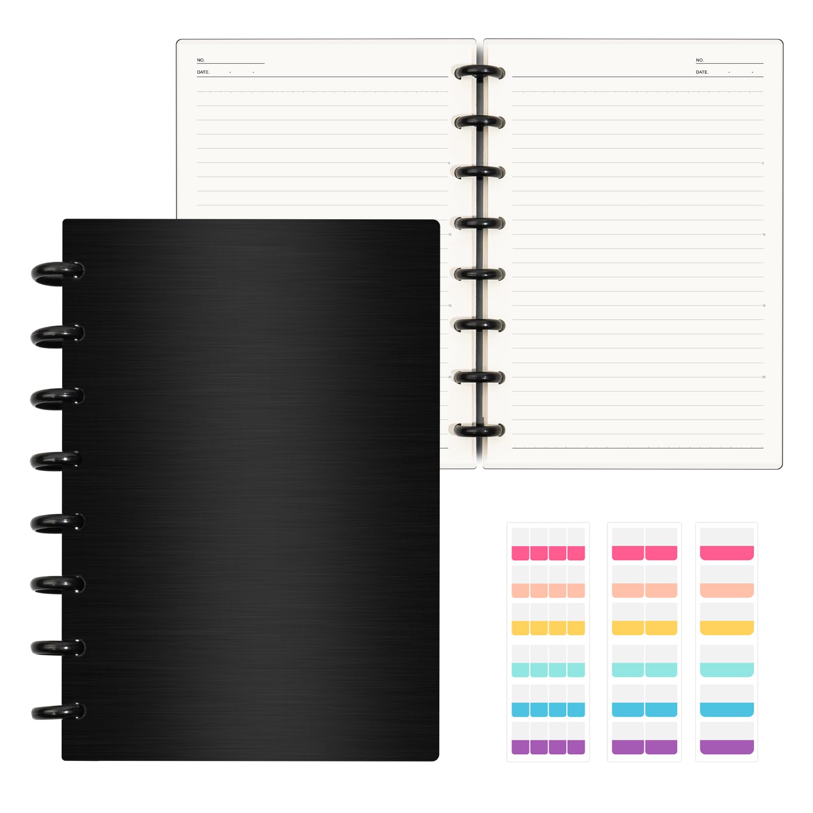 Photo 1 of MOSA BEAR Discbound Notebook, 8-Disc Disbound Planner with Removable Pages, 180 Pages Spiral Notebook, Poly Cover Discbound Planner for Work, Travel, Note Taking(With Index Sticker),Black, A5