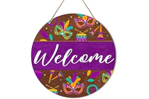 Muktoujaumai Mardi Gras Welcome Door Sign Decor, Mardi Gras Hanging Sign New Orleans Carnival Decorations Fat Tuesday Decor Rustic Wall Sign for Front Door, Porch, Home, Masquerade Party