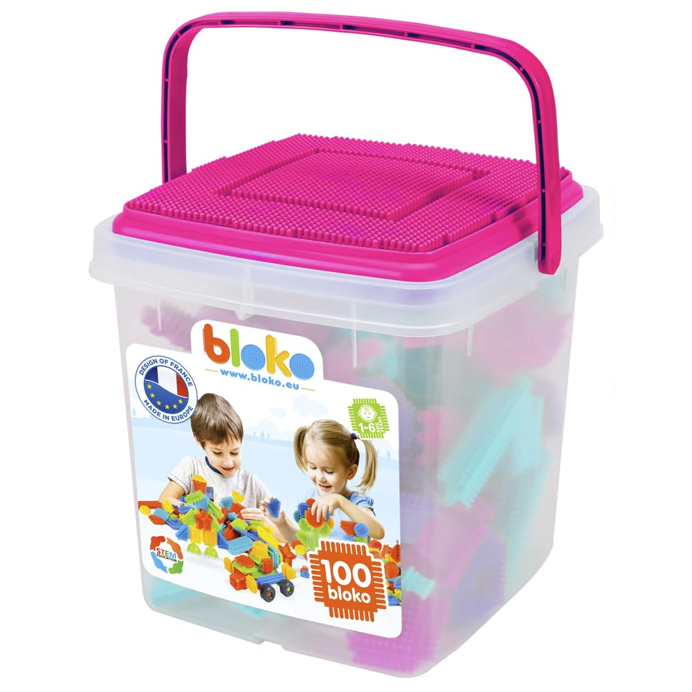 BLOKO - Storage barrel of 100 with 1 Play Plate (Pink) - From 12 Months - Made in Europe - Construction toy 1st age - 503584