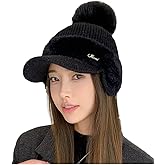 Knitted Ponytail Baseball Hat for Women Fuzzy Fleece Lined Winter Cap Windproof Ear Covers Visor Beanie Hats with Pompom