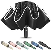 Fogkey Large Windproof Travel Umbrella, Portable Reverse Folding Car Umbrella, Compact Inverted Design with Waterproof Canopy, Automatic, 10 Durable Ribs, 45.6/13 Inch, Fits Backpack