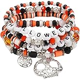 Pingyongchang Halloween Charm Bracelets for Women Skull Ghost Pumpkin Bat Spider Web Beads Stackable Stretch Bracelet Heishi Clay Ploymer Holiday Party Jewelry Gifts