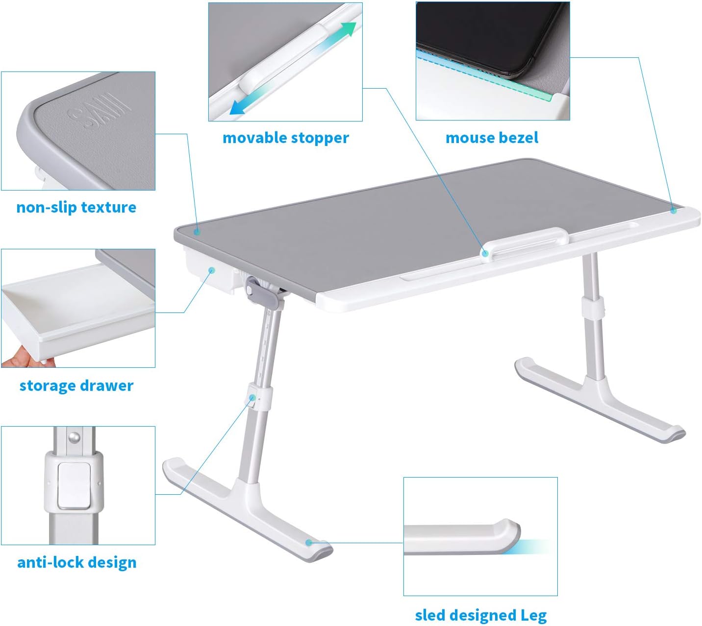 SAIJI Laptop Bed Tray Table, Adjustable PVC Leather Laptop Bed Table, Portable Standing Desk with Storage Drawer, Foldable Lap Tablet Table for Sofa Couch Floor (Gray, Large) : Office Products