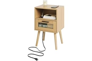 LAB COSI Labcosi Nightstand with Charging Station, Bedside Table w 2 AC outlets and 2 USB Ports, Night Stand with Open Shelf, 23.63" Nightstand w Drawer, Mid Century Modern Night Table for Bedroom(Wood Color)