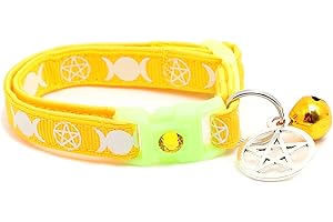 PUGS TO PERSIANS Wicca Cat Collar with Occult Charm & Bell | Witch’s Familiar Cat Collar | Witch Kitten Collar Charms | Glow in The Dark | Safety Breakaway Collar (Small(10lbs & Less), Yellow)