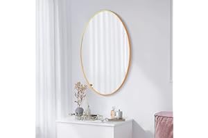 SCWF-GZ 16x24 Oval Mirror Square Full Length Wall Mounted Hanging or Against Wall Metal Frame Dressing Make-up Mirrors for Entryway Bedroom Bathroom Living Room 16 24 inch Gold