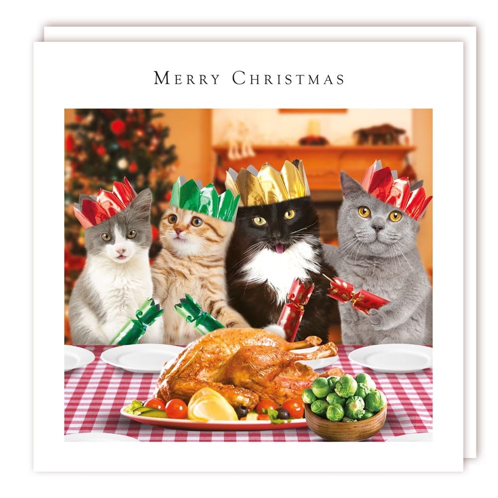 Tracks Publishing Charity Christmas Card Pack of 5 - Funny Cat Christmas Dinner Party - Christmas Card Multipack - In Aid of UK Charities