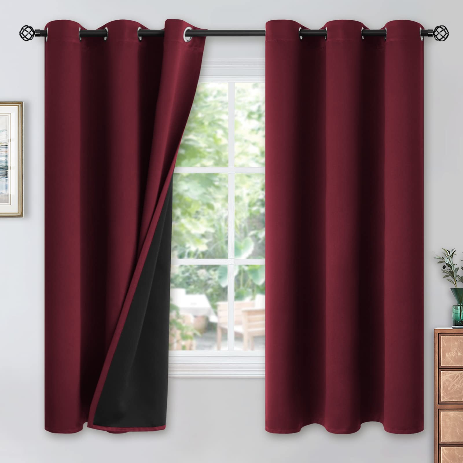 YoungsTex Burgundy 100% Blackout Curtains for Bedroom, Thermal Insulated Drapes with Grommet Full Room Darkening with Black Backing for Living Room, 2 Panels, 42 x 63 Inch Image