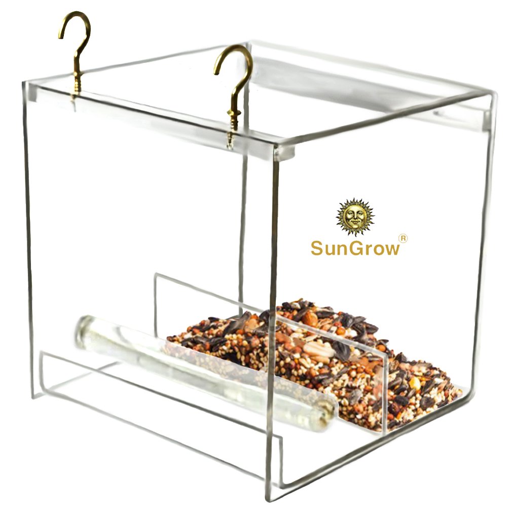 Acrylic Glass Bird Feeder Set -- Spill-proof, Crystal clear - Easy to install with 2 Hooks, Economical - Perch provides enjoyable eating time to Finch, Parakeet, Sparrows - Perfect for all Cage Sizes