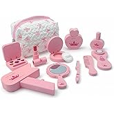 Wooden Makeup Toy Set Pretend Wood Beauty Realistic Toy Beauty Set for Toddler with Eyeshadow/ Mascara/ Perfume/ Blush/ Mirror/ Bag, Birthday Gifts for Girls Toys