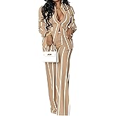 Remelon Women's Casual Two Piece Outfits Striped Long Sleeve Collar Button Down Shirt Blouse High Waist Wide Leg Pants Sets