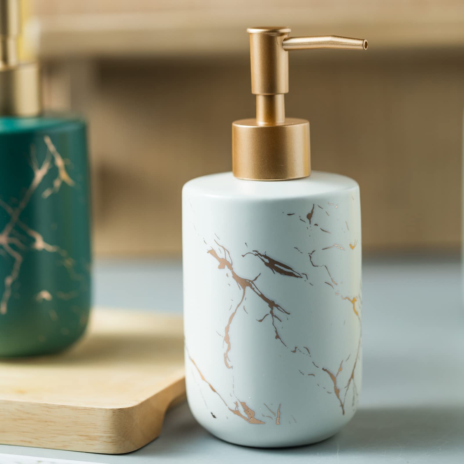 Hand Soap Dispenser With Marbling For Kitchen, Ceramic Christmas Soap Dispenser For Bathroom, Shower, White, 300ML.