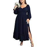 SCOMCHIC Womens Plus Size Wedding Guest Cocktail Dress Sweetheart Neckline Long Sleeve Smocked Ruffle Slit Maxi Dresses