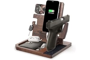 BarvA Adaptive Wood Gun Rack Phone Wallet Docking Station Military Watch Night Stand Key Holder Side Table Charging Station Self Defense Desk Organizer