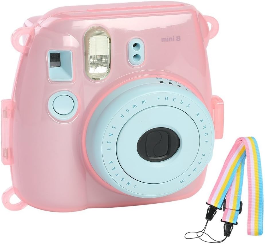 Oolonggao Fujifilm Instax Mini 8 / Mini 8+ / Mini 9 Crystal Case - Pink Crystal Camera Case With Adjustable Rainbow Shoulder Strap for Fujifilm Instax Mini 8 / Mini 8+ / Mini 9 Instant Camera
