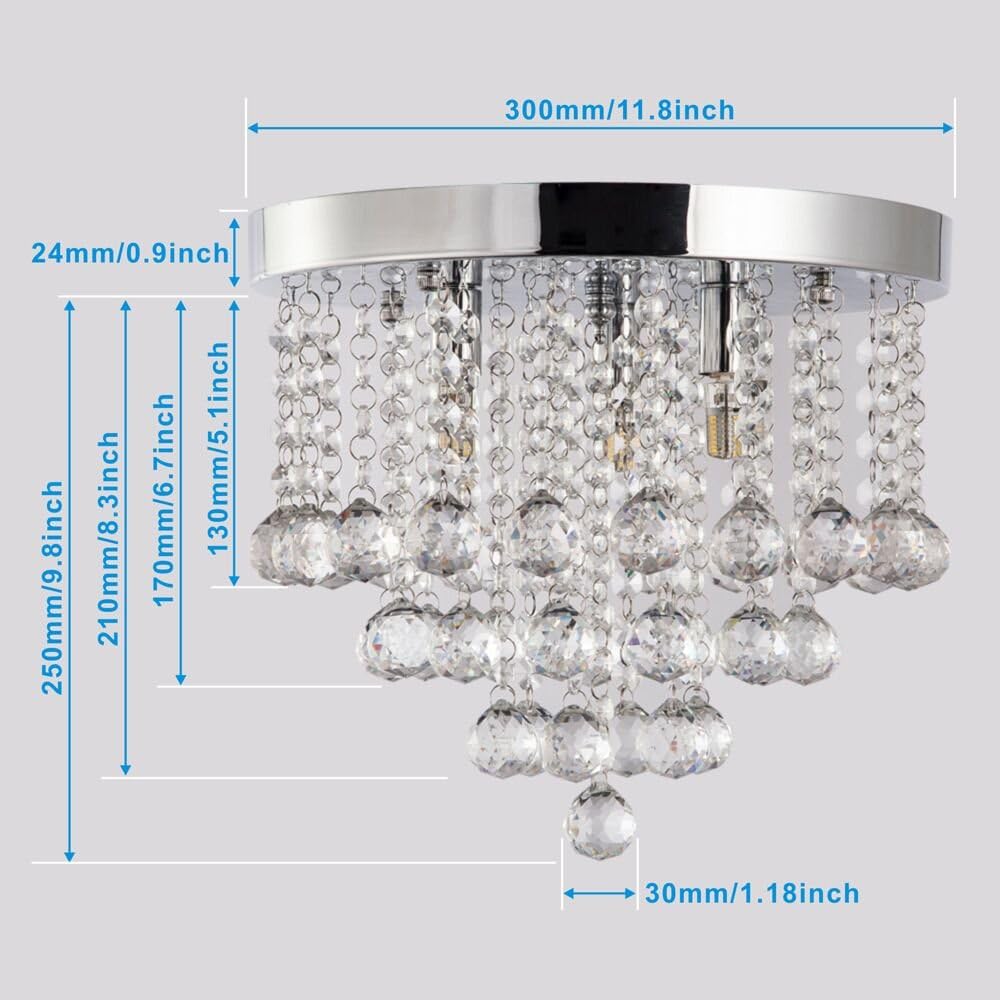ZEEFO Crystal Chandelier, Modern Chandeliers Crystal Ball Light Fixture, 3 Lights, Flush Mount Ceiling Light 11.8 Inches Diameter for Hallway, Bedroom, Living Room, Kitchen, Dining Room (Silver) - - 