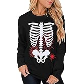 Barlver Women's Halloween Funny Skeleton T-Shirt Pumpkin Face Long Sleeve Novelty Cotton Costume Top Tees